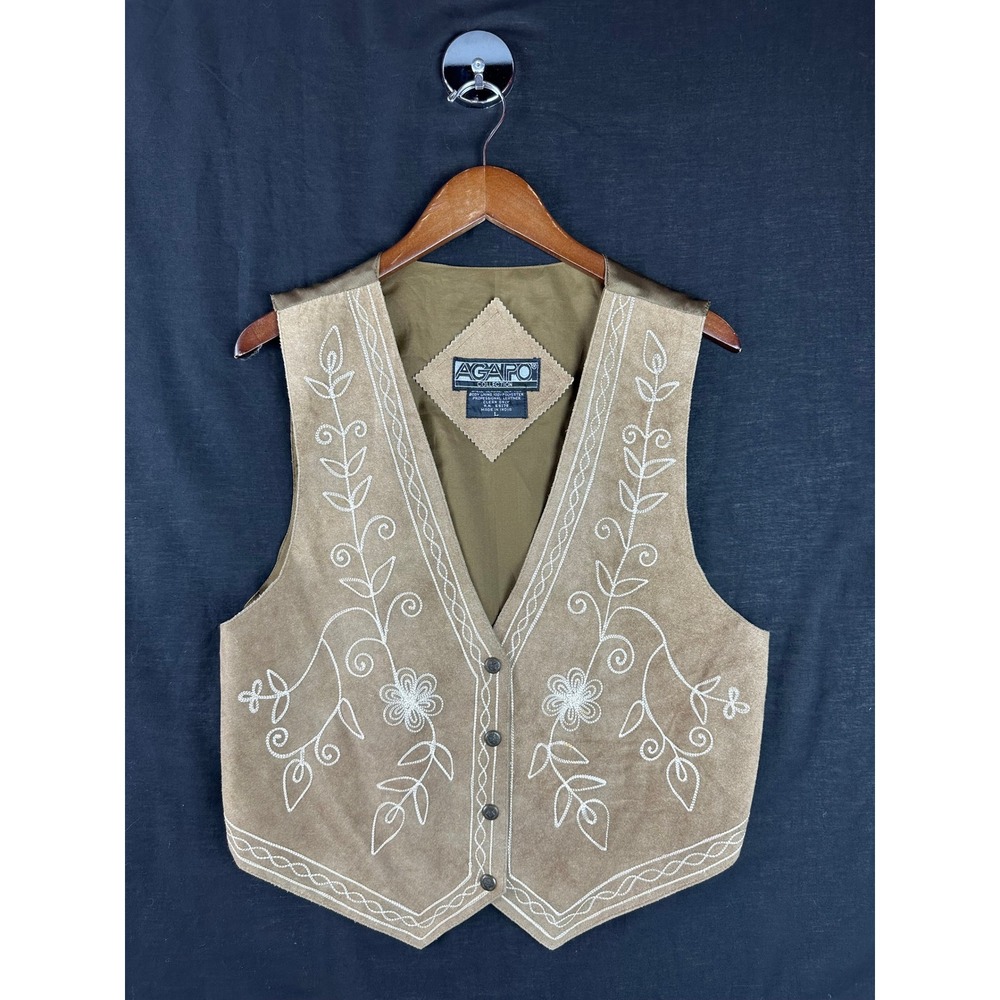 Agapo Collection Vintage Suede Leather Embroidered Vest Tan Western Floral L